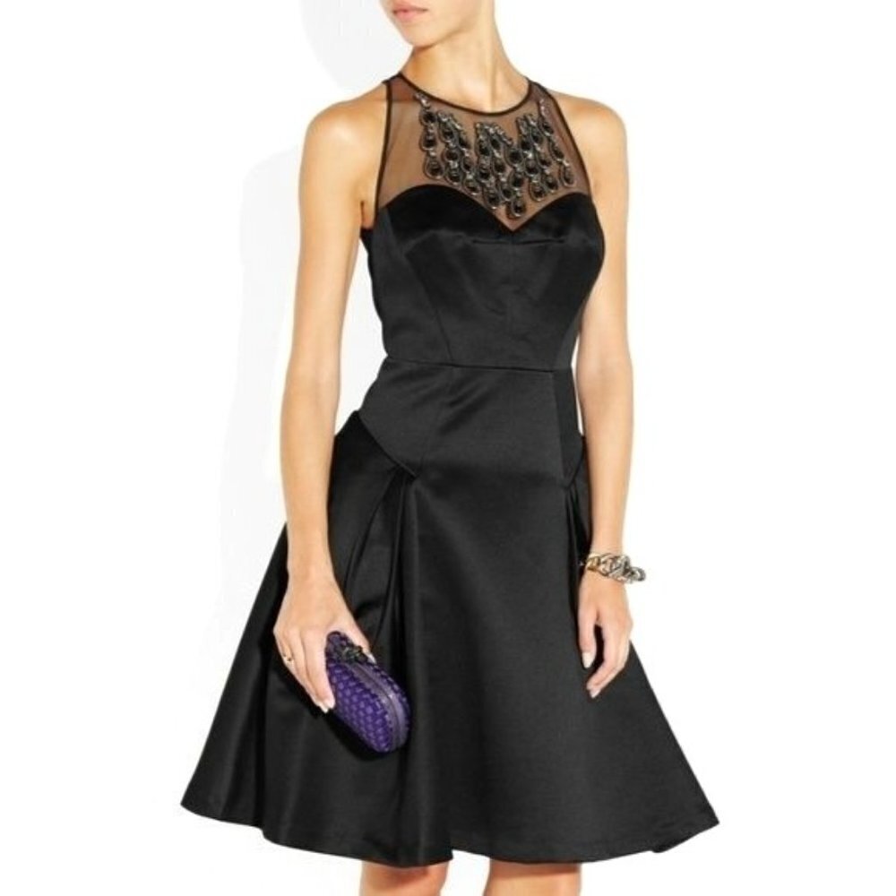 Milly Beaded Illusion Neck Cocktail‎ Dress Women 4 Black Satin Fit Flare Party
